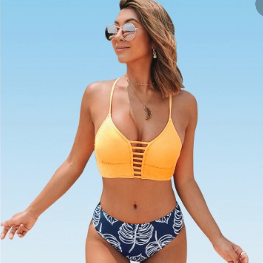 NWT Cupshe Yellow leaf High Waisted Bikini Sz S - Picture 1 of 10